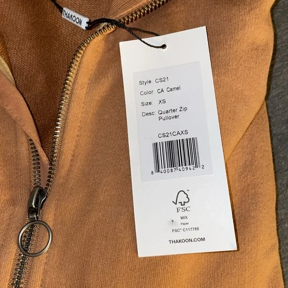 NWT |THAKOON 100% Cotton Ribbed Collar Terry Lined Quarter Zip Pullover Camel XS - Picture 4 of 7